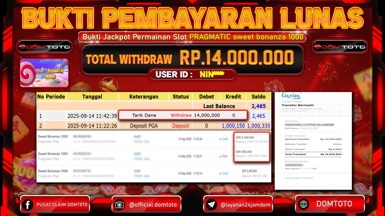 JACKPOT SLOT Sweet Bonanza 1000 Pragmatic Play   14 SEPTEMBER 2025